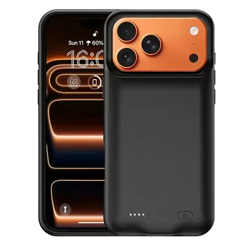 Black pro max charging cover with orange camera module and built-in battery for iphone 16 and 17 series back side