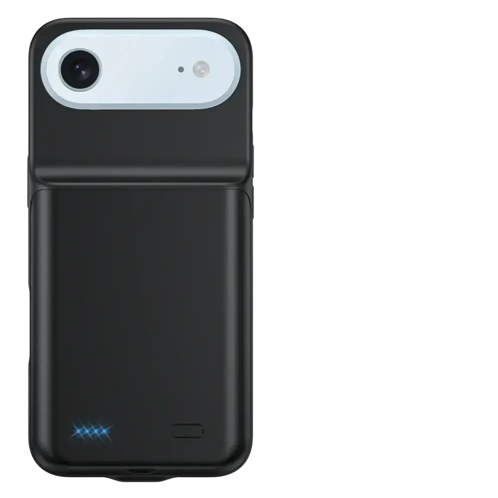 Black pro max battery charging cover for iphone 16 and 17 series showing back with white camera module and blue led light
