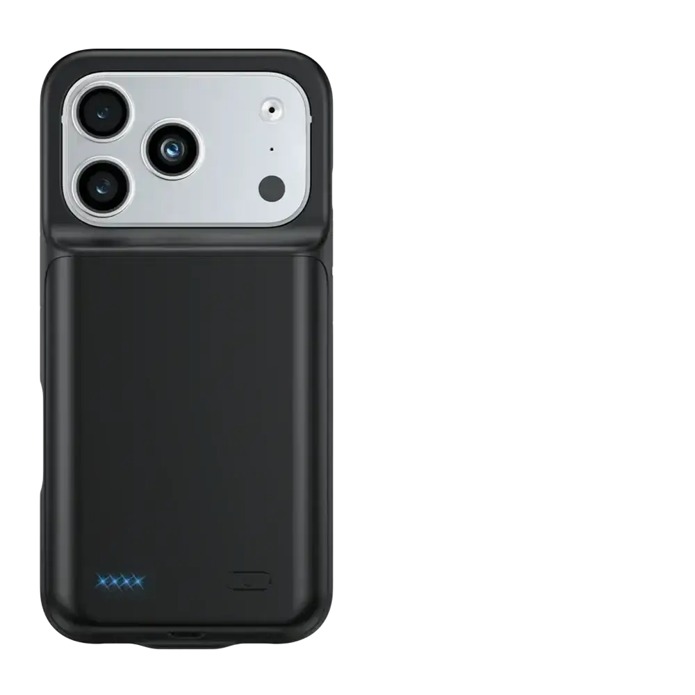 Black pro max charging cover with silver camera module and built-in battery featuring sleek matte finish backside for iphone 16 and 17 series