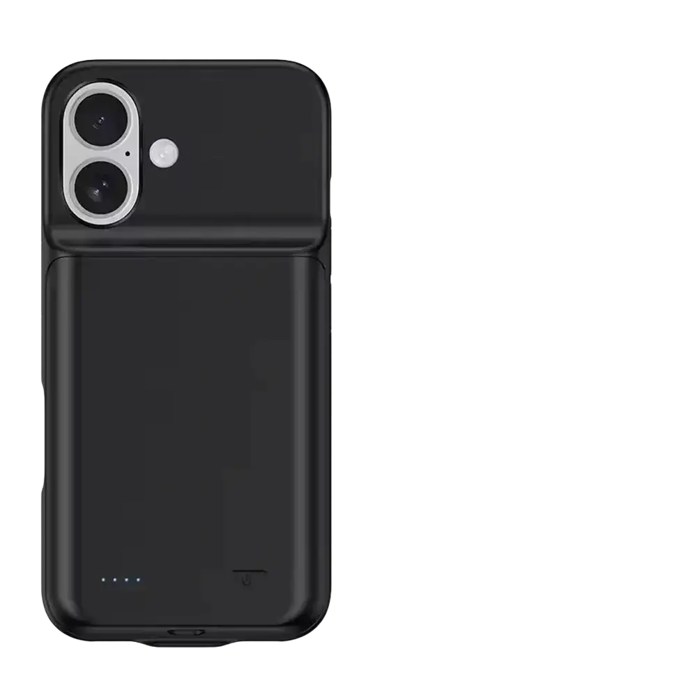 Black pro max battery charging cover with matte finish and dual-camera cutout for iphone 16 and 17 series back side