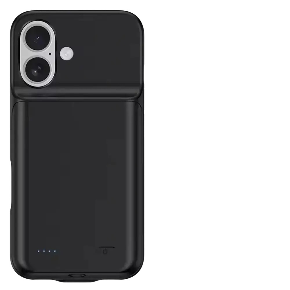 Black pro max charging cover with integrated battery pack and dual-camera cutout for iPhone 16 and 17 series back side