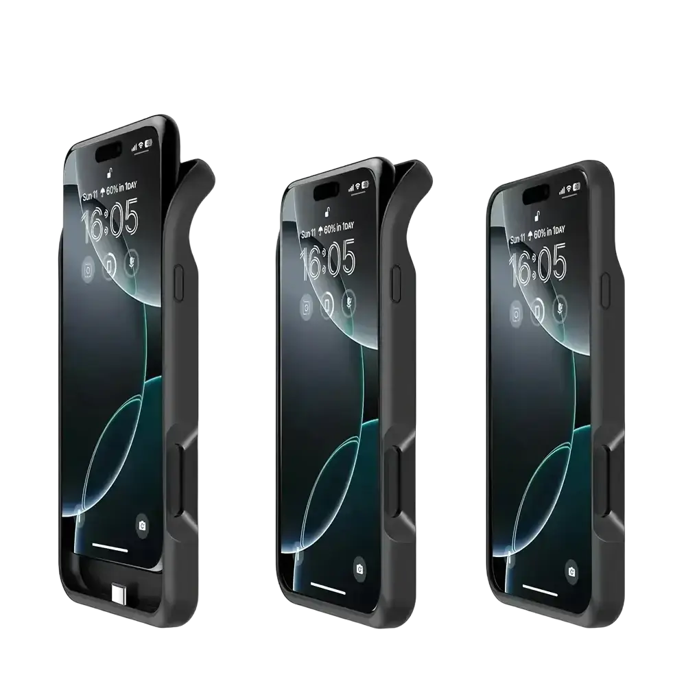 Black pro max battery charging cover for iphone 16 and 17 series with matte finish and integrated charging port back view