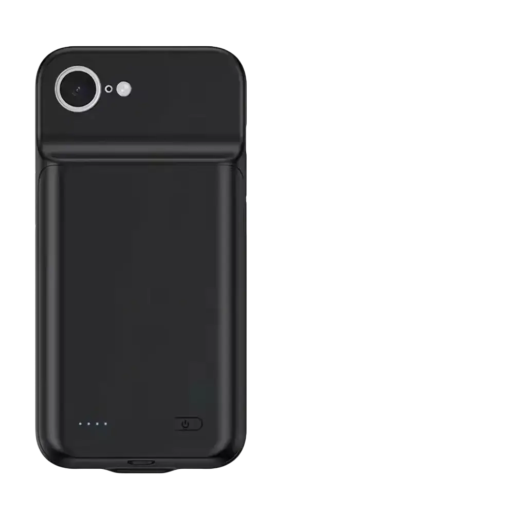 Black pro max battery charging cover for iphone 16 and 17 series showing back with circular camera lens and power button