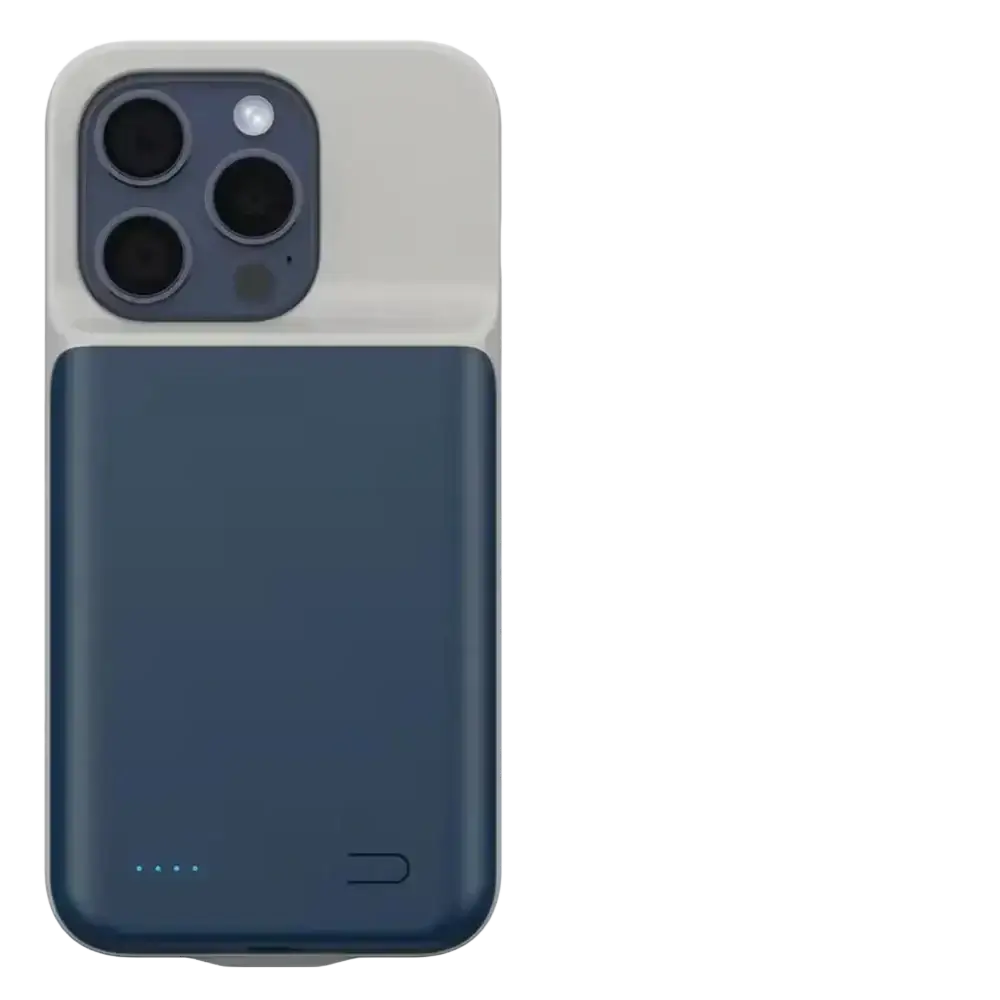 Blue and white two-tone pro max battery charging cover with sleek minimalist design for iphone 16 and 17 series back side