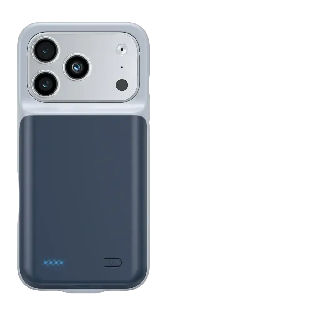 Silver and dark blue pro max charging cover with integrated battery pack and sleek camera module for iphone 16 and 17 series back side