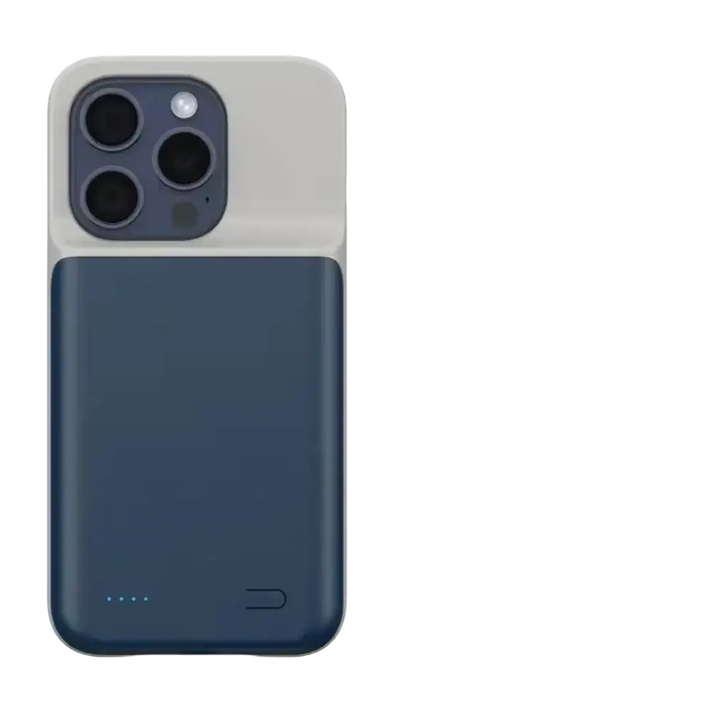 Sleek two-tone pro max battery charging cover for iPhone 16 and 17 series with white and navy blue back design