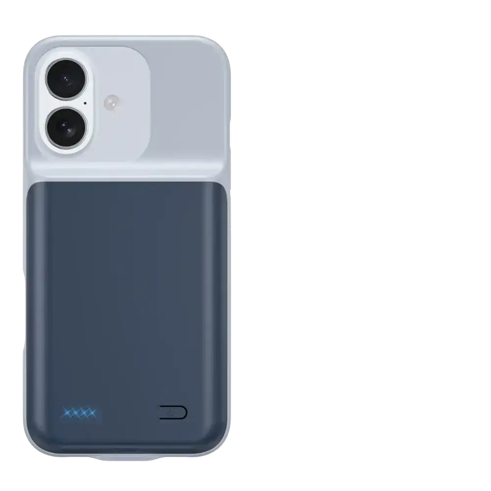 Back view of pro max battery charging cover for iPhone 16 and 17 series with white dual camera section and dark blue pack
