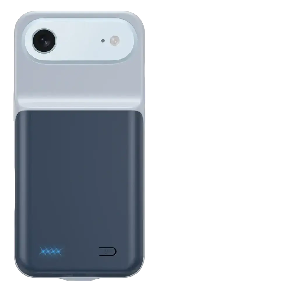 Back side of a sleek two-toned pro max battery charging cover for iPhone 16 and 17 series in gray and dark blue