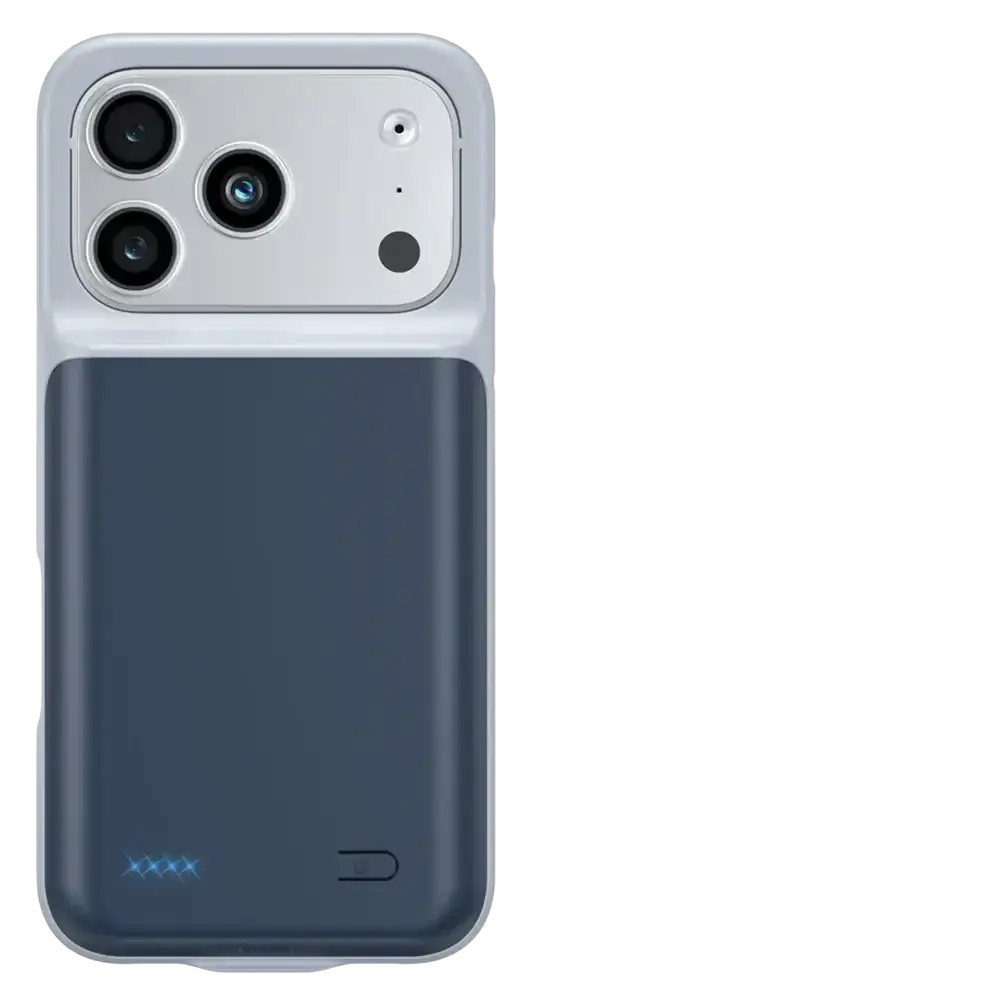 Back side of pro max battery charging cover for iphone 16 and 17 series featuring a sleek two-toned design with silver camera module and dark gray battery pack