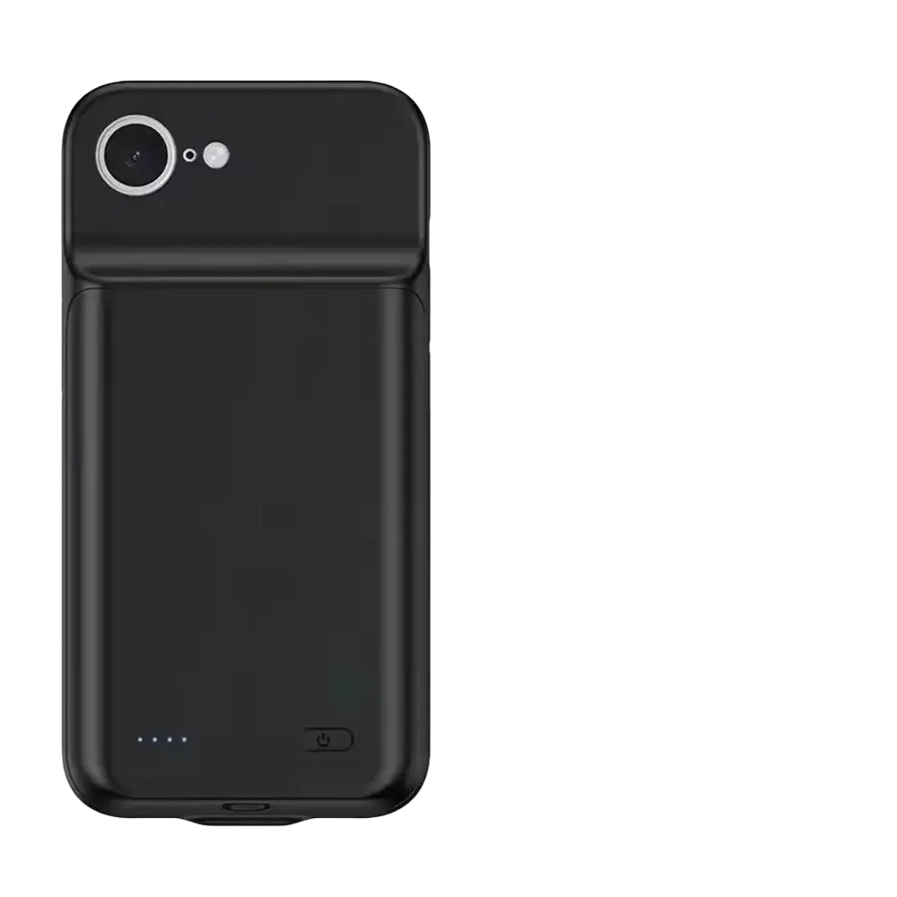 Black iphone pro max battery charging cover with slim design and integrated charging port shown from the back side