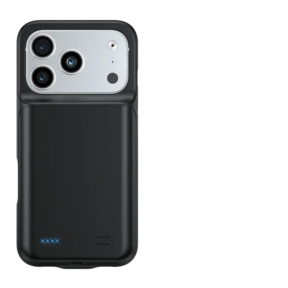 Black pro max battery charging cover for iphone 17 pro with silver camera module and blue led indicator lights on back side