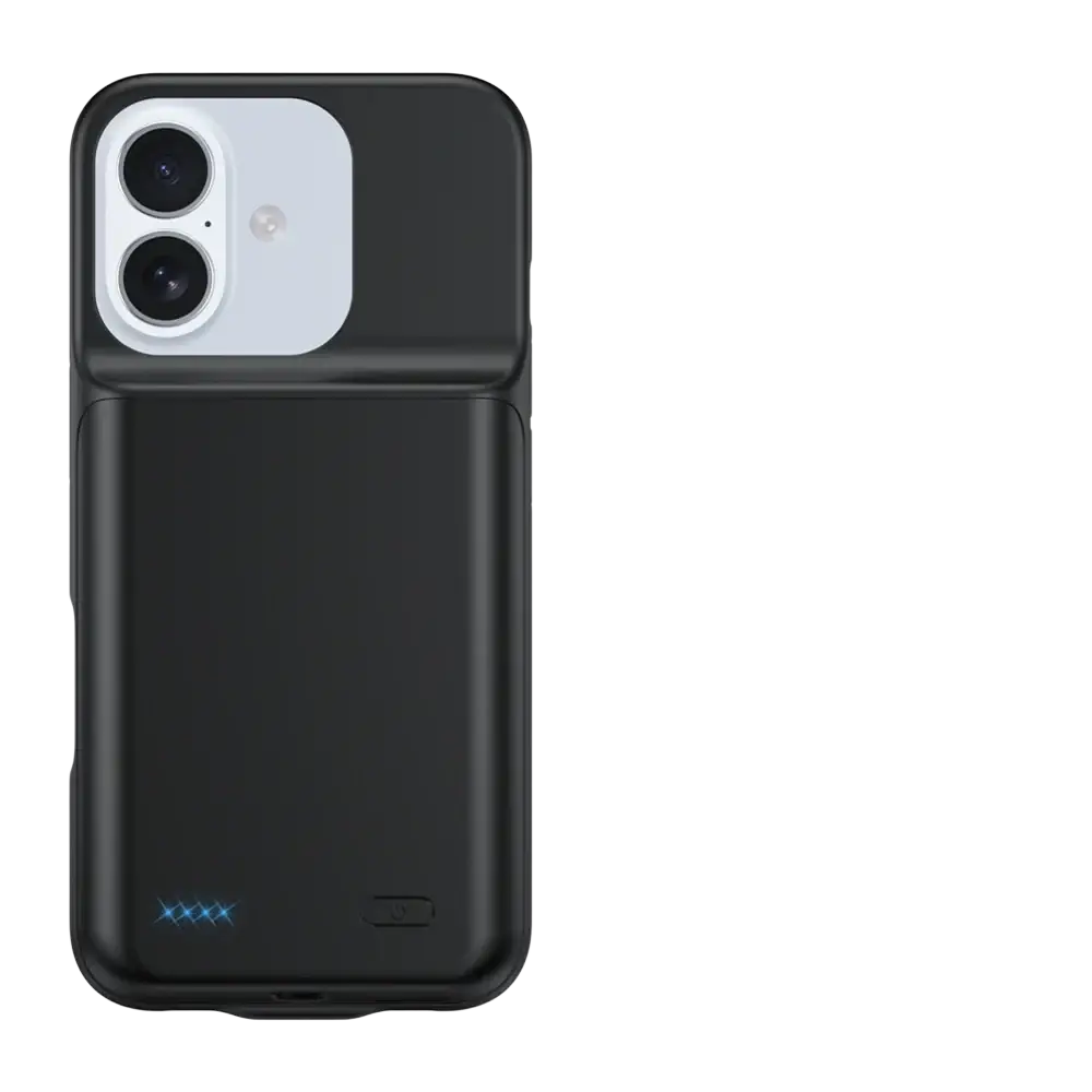Black pro max battery charging cover for iphone 17 with sleek matte finish and integrated camera cutout shown from back side