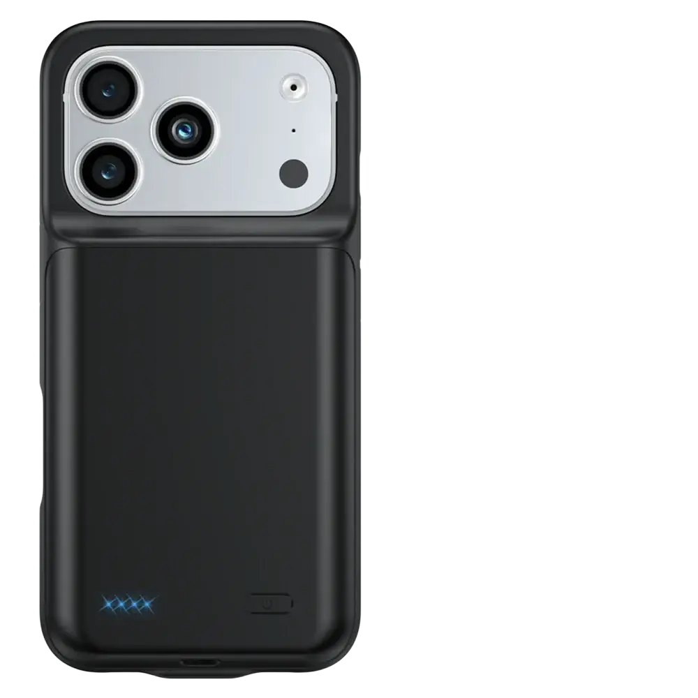 Black pro max battery charging cover for iphone 17 pro max with silver camera module and 10000mAh capacity back side view