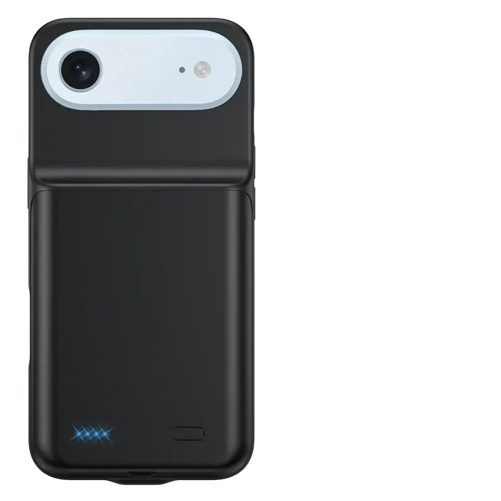 Black pro max charging cover with integrated 10000mah battery for iphone 17 air seen from the back side