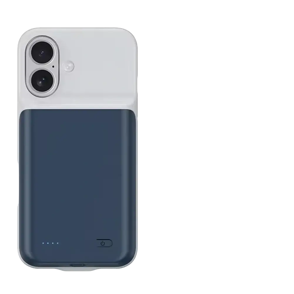 Navy blue and white two-tone pro max battery charging cover with built-in 10000mah battery for iphone 16 back view
