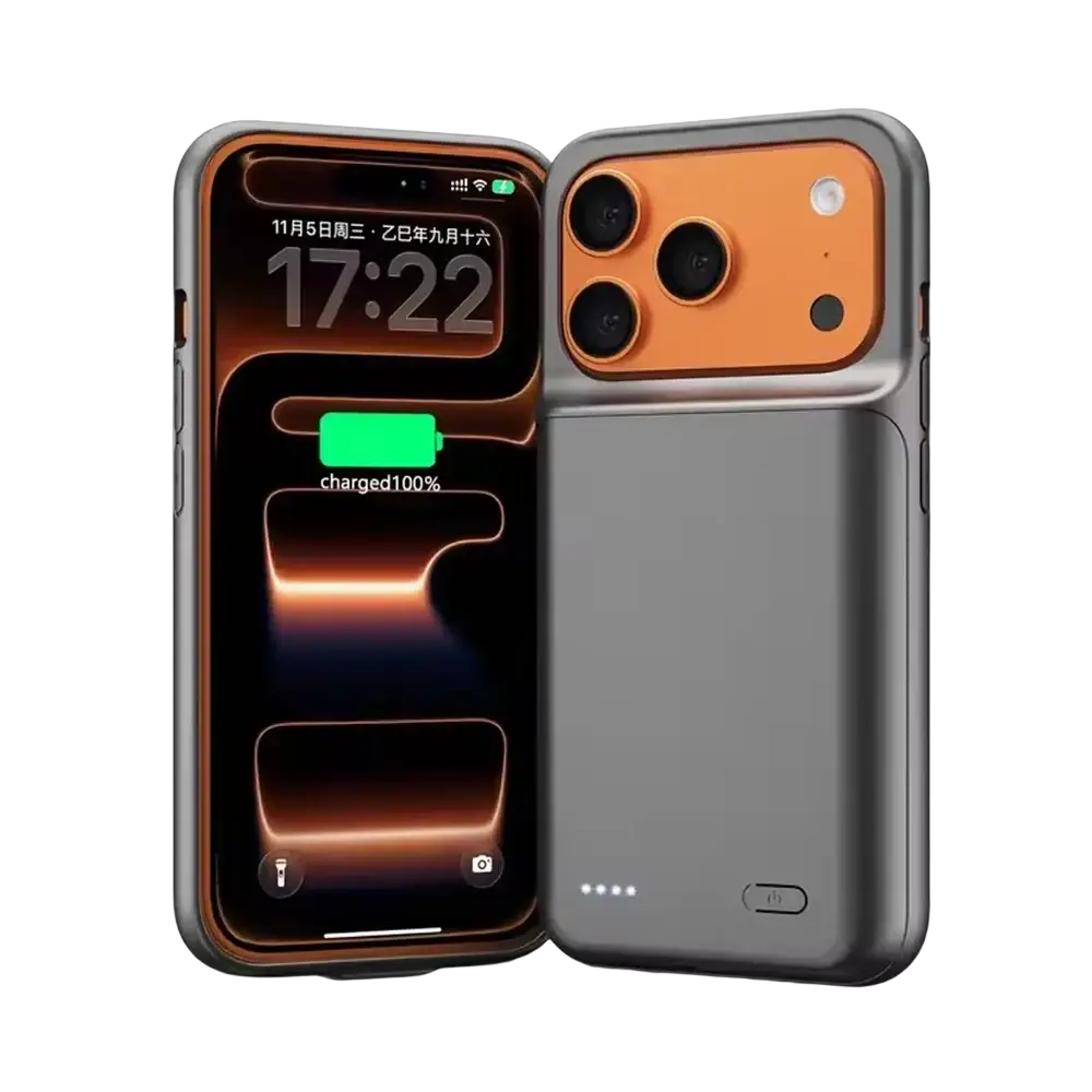 Orange and gray pro max battery charging cover for iphone showing the back side of the phone case with built-in battery