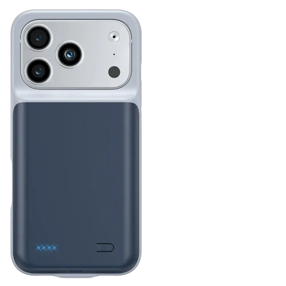 Silver and dark gray dual-layer pro max battery charging cover with 10,000mah integrated battery for iphone 17 pro max back side