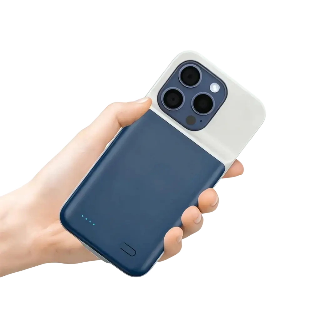 Back side of a sleek navy blue and white pro max battery charging cover for iphone with built-in battery and minimalist design