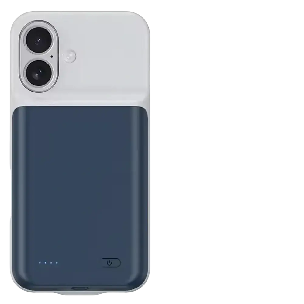 A sleek two-tone pro max battery charging cover for iPhone 16 plus with a white top and navy blue bottom, back side shown