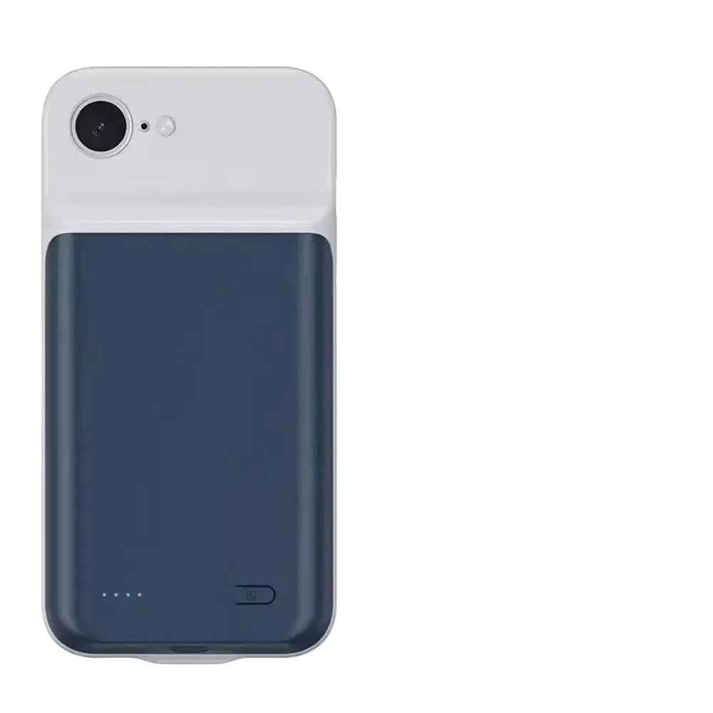 Back view of a sleek two-toned pro max battery charging cover for iphone with white camera cutout and navy blue panel