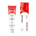 Oral-b sp-6 bright white toothpaste in red and white tube with gold accents featuring probiotics and peppermint extract