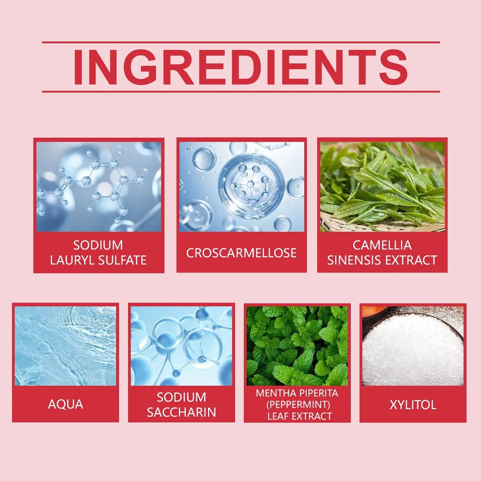 Pink background with red text showing six panels of ingredients on the back of probiotic brightening toothpaste with peppermint extract