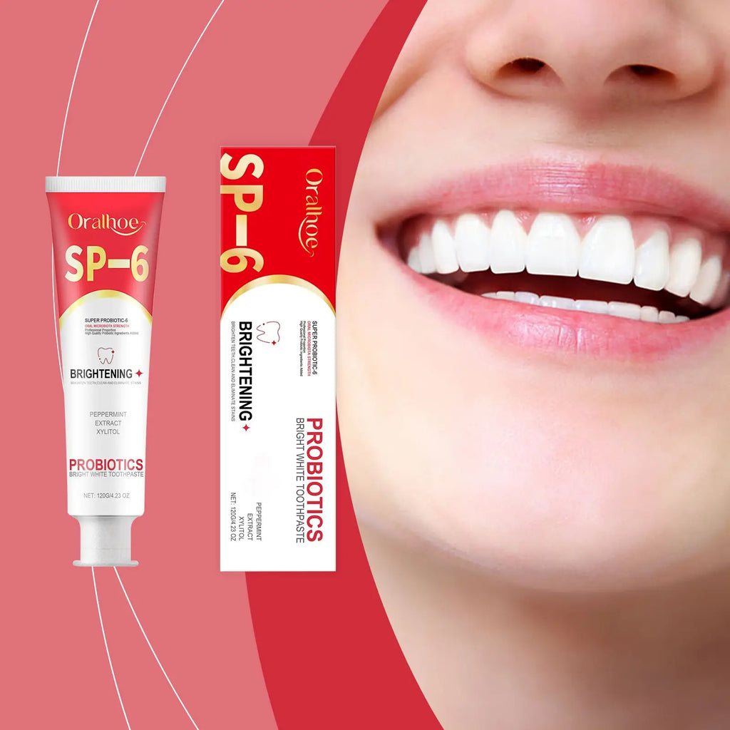 Oral-b sp-6 probiotic bright white toothpaste in a red and white tube with peppermint extract for fresh breath and whitening
