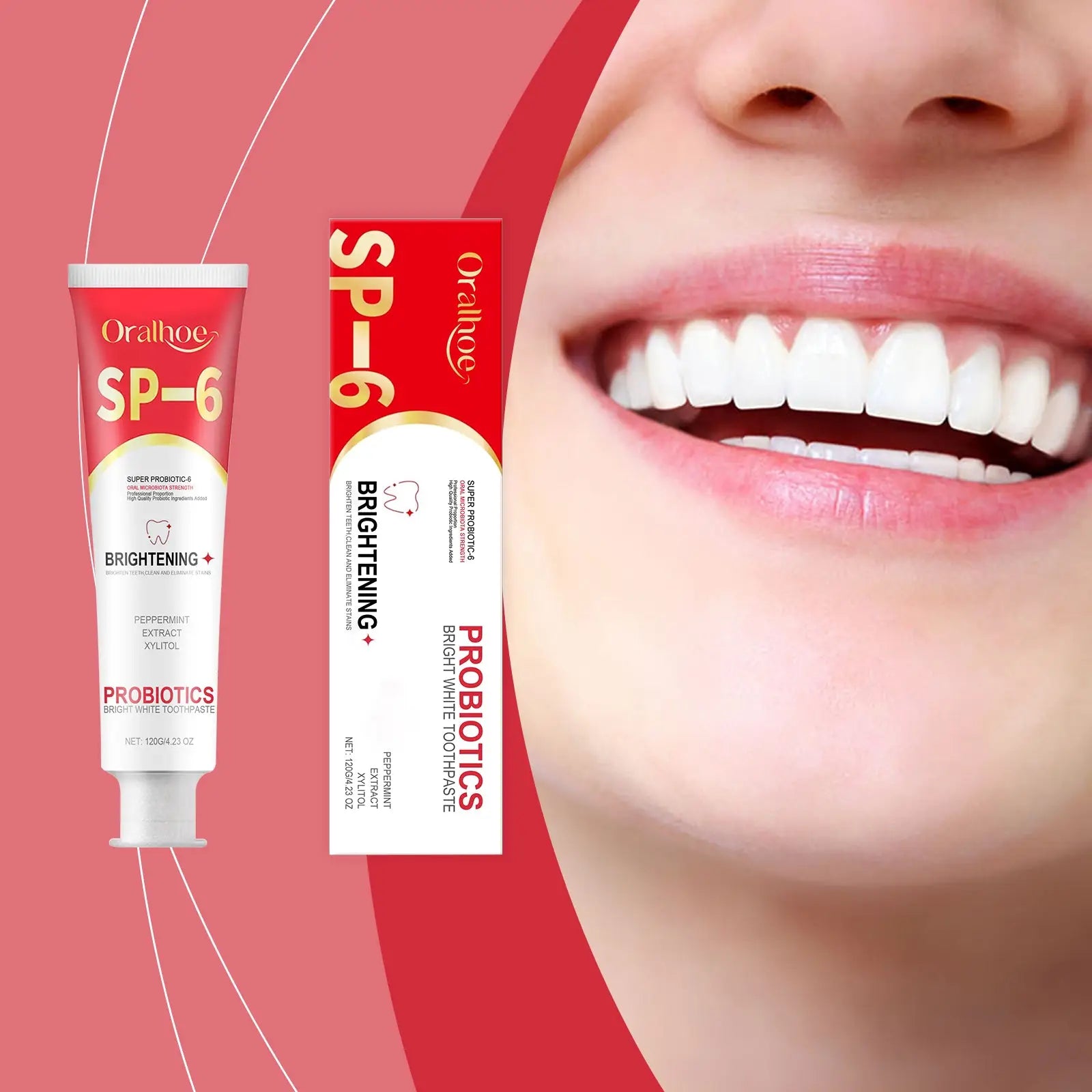Oral-b sp-6 probiotic bright white toothpaste in a red and white tube with peppermint extract for fresh breath and whitening