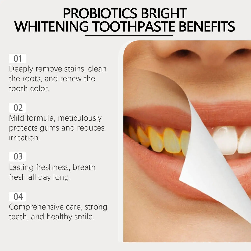 Probiotic brightening toothpaste with peppermint extract featuring a mild formula to whiten teeth and protect gums