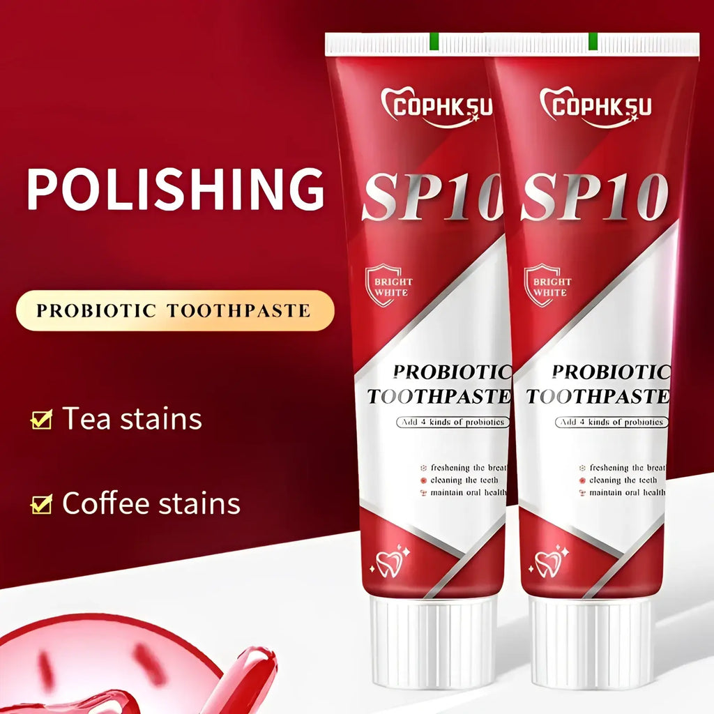 Red and white tube of Cophksu SP10 probiotic toothpaste with glossy finish for deep cleaning and fresh breath