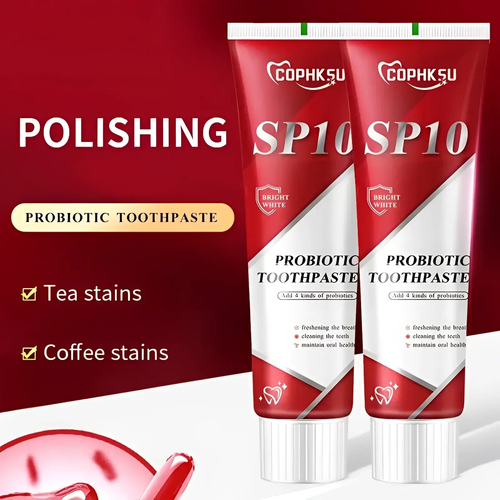 Red and white tube of cophksu sp10 probiotic toothpaste with glossy finish for deep cleaning and fresh breath