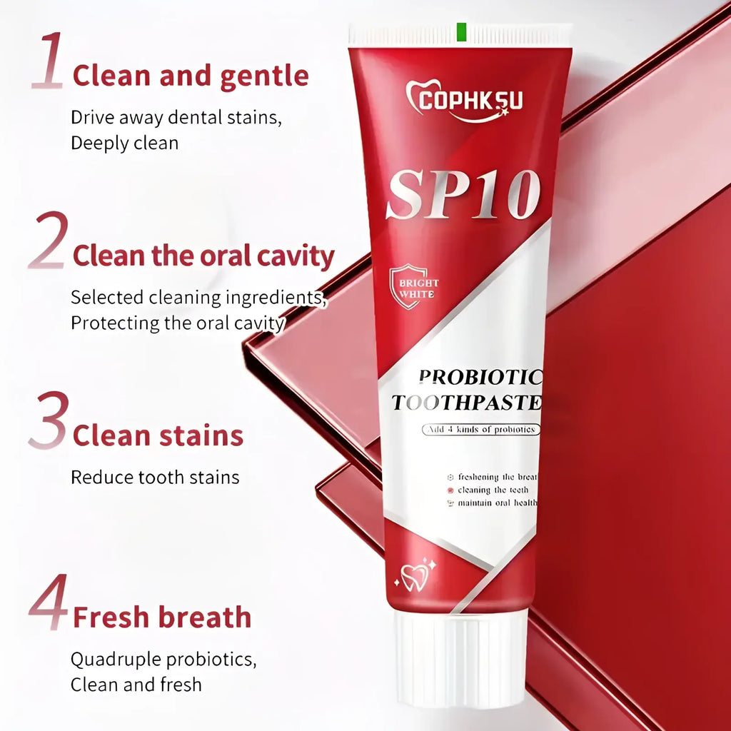 Red and white tube of Cophksu SP10 probiotic toothpaste with glossy finish for deep cleaning and fresh breath
