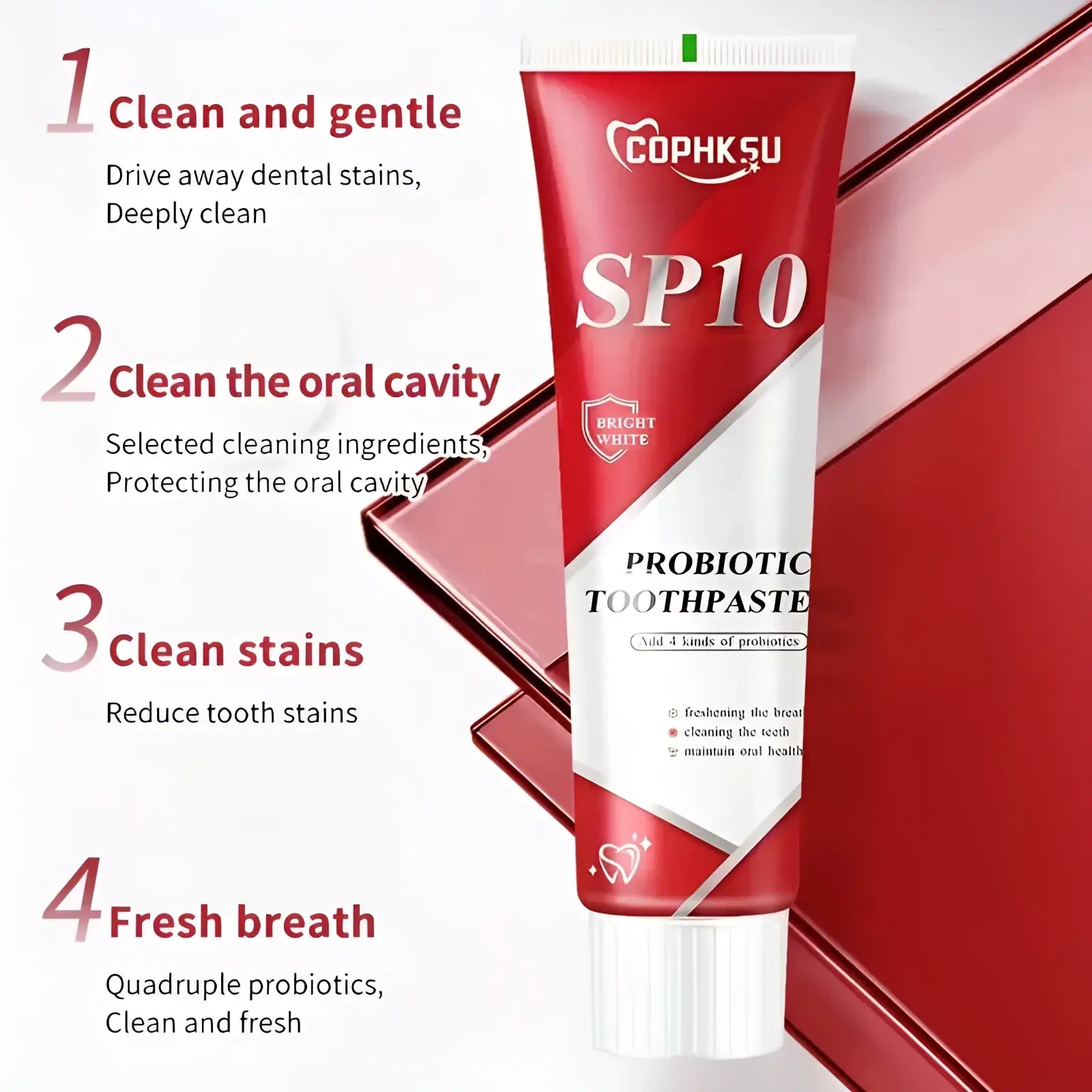 Red and white tube of Cophksu SP10 probiotic toothpaste with glossy finish for deep cleaning and fresh breath