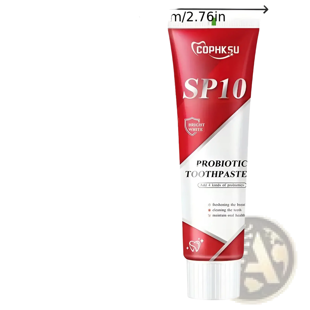 Red and white tube of Cophsu SP10 probiotic toothpaste with silver cap for deep cleaning and fresh breath