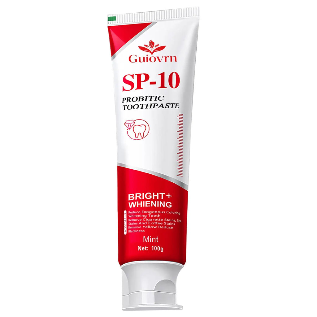 Red and white tube of guiovrn sp 10 probiotic whitening toothpaste with mint flavor in 100g 2 pack packaging