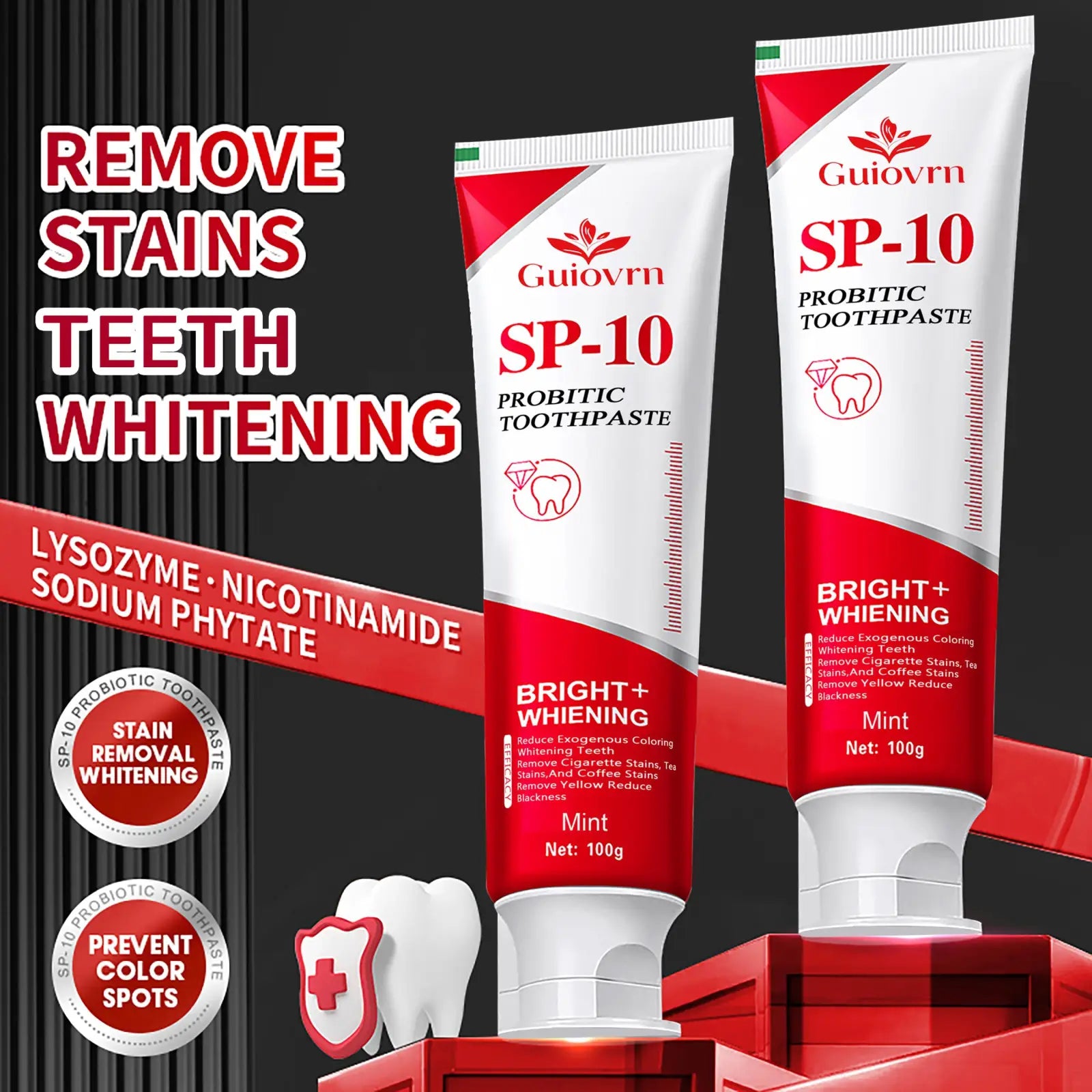 Two tubes of guiovrn sp10 probiotic whitening toothpaste in white red packaging with mint flavor 100g 2 pack