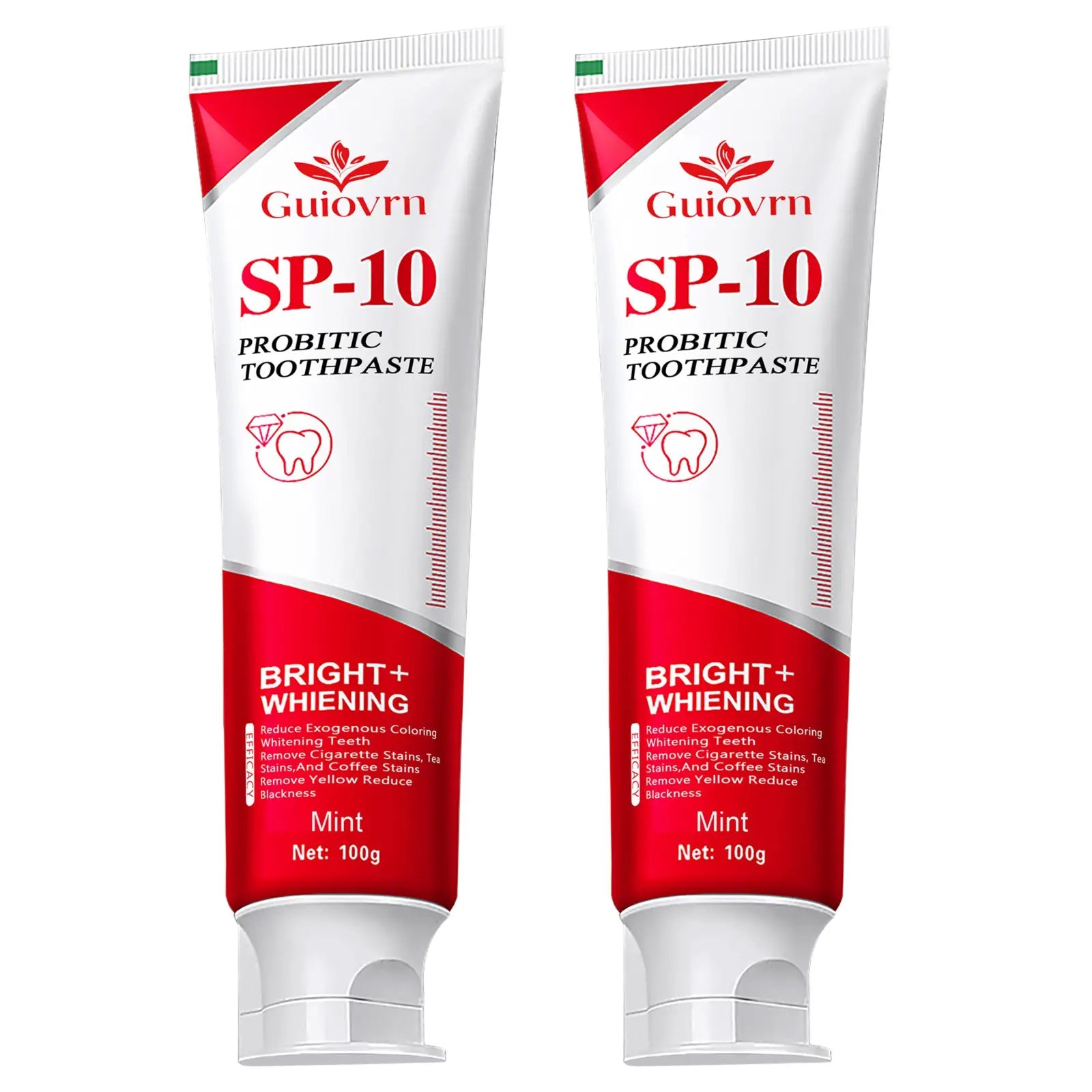 Two tubes of guiovrn sp-10 probiotic whitening toothpaste mint flavor 100g net weight with white and red design