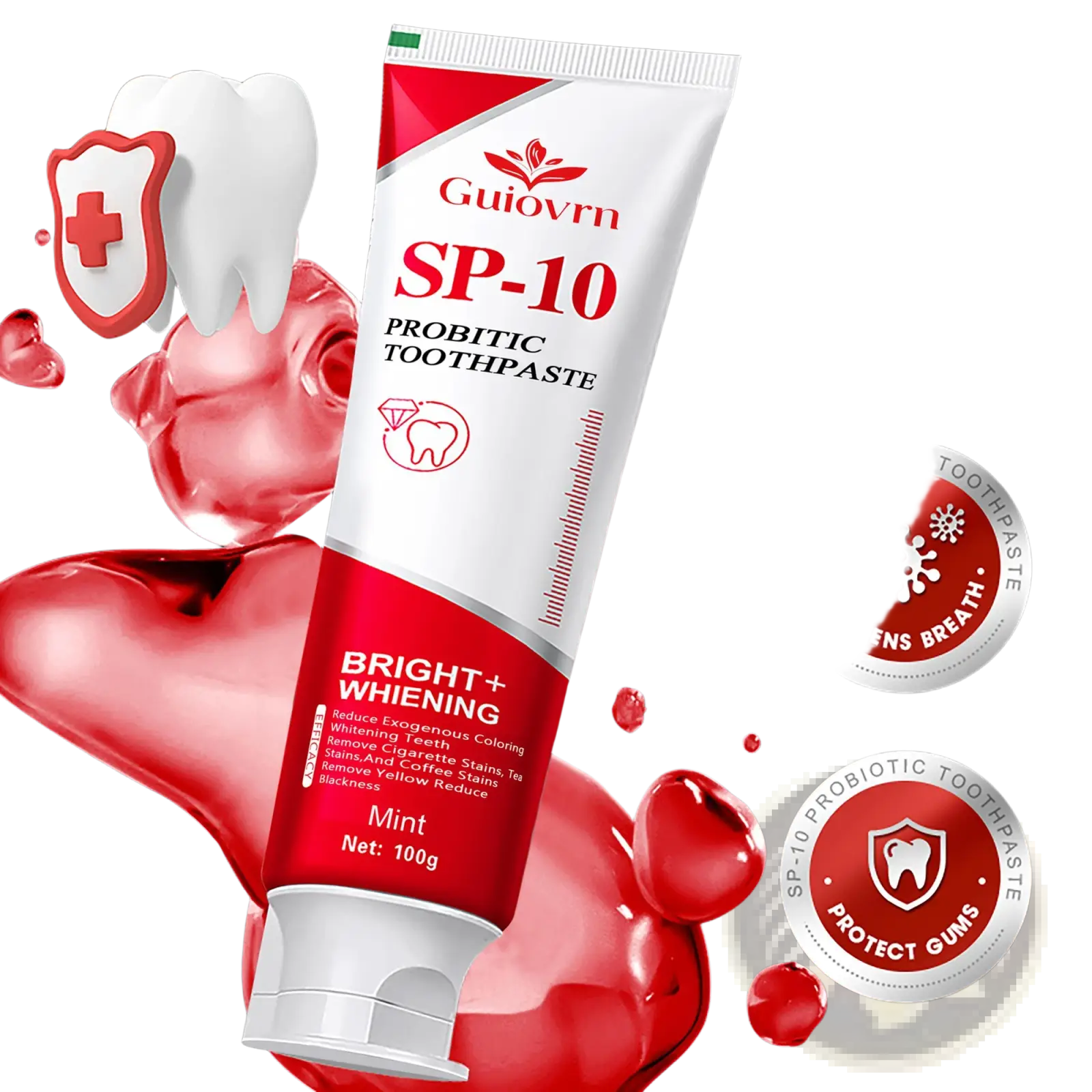 Red and white tube of guiovrn sp-10 probiotic whitening toothpaste with mint flavor in a 100g 2 pack