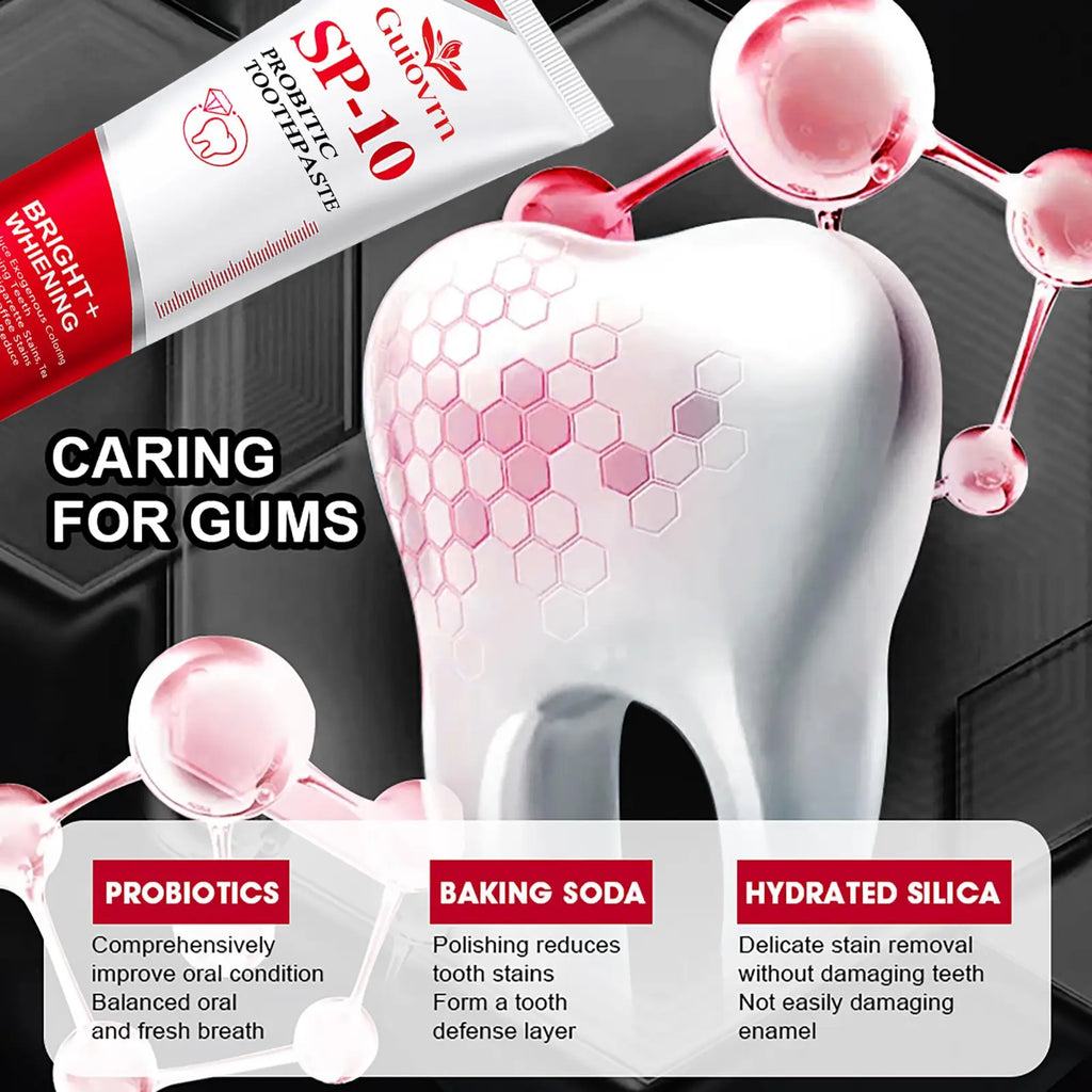 White probiotic whitening toothpaste tube sp-10 with red and white label guliovn designed for brightening teeth mint flavor