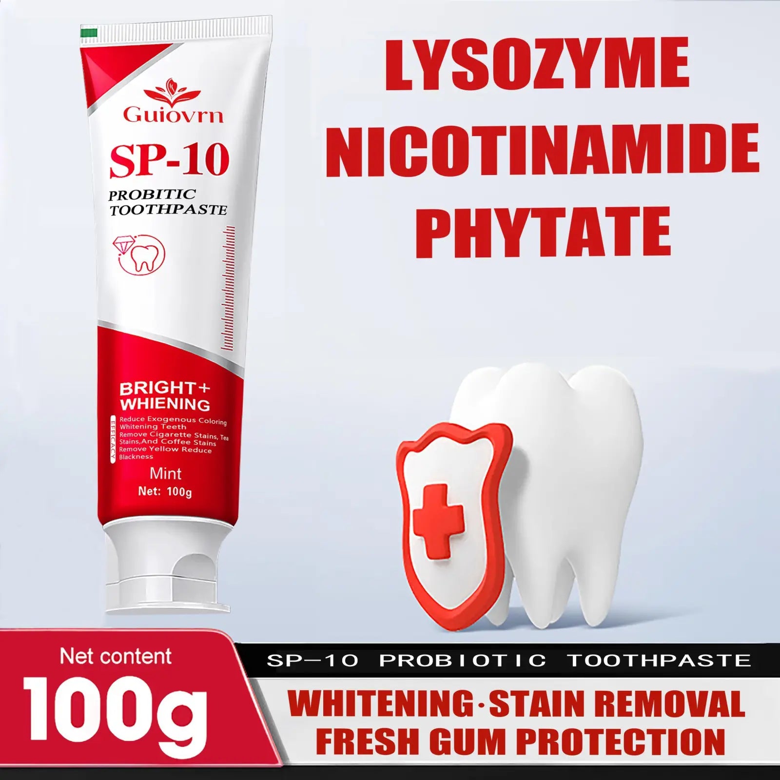 White and red tube of guliorn sp-10 probiotic whitening toothpaste with mint flavor 100g 2 pack