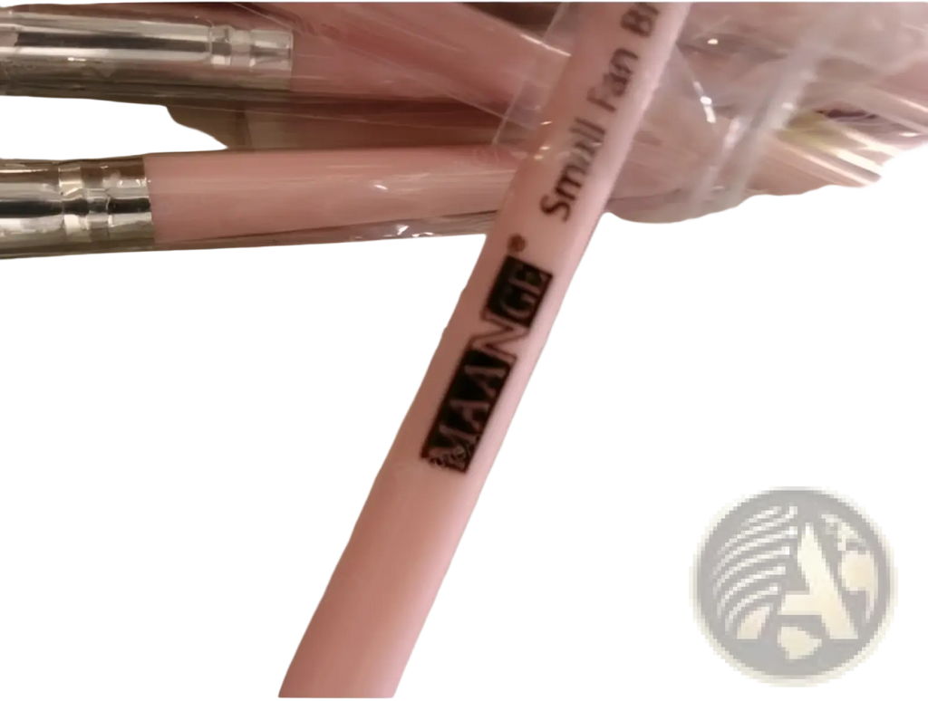 Pink maange small fan brush with silver ferrule in clear plastic packaging from professional 12 pcs eyeshadow brush set
