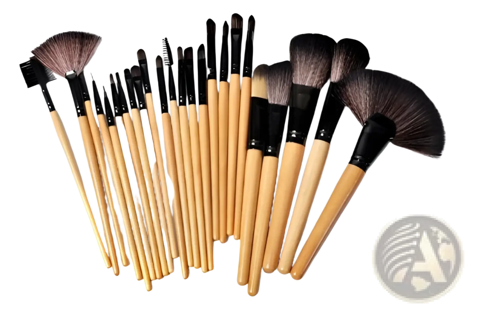 Set of 25 wooden-handled makeup brushes with black ferrules and natural bristles for professional cosmetic use