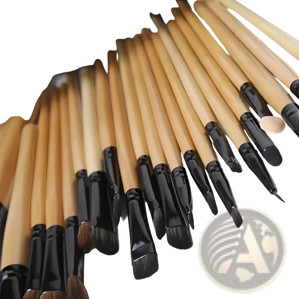 Set of wooden-handled makeup brushes with black ferrules and varied heads from professional 24 piece makeup brush set