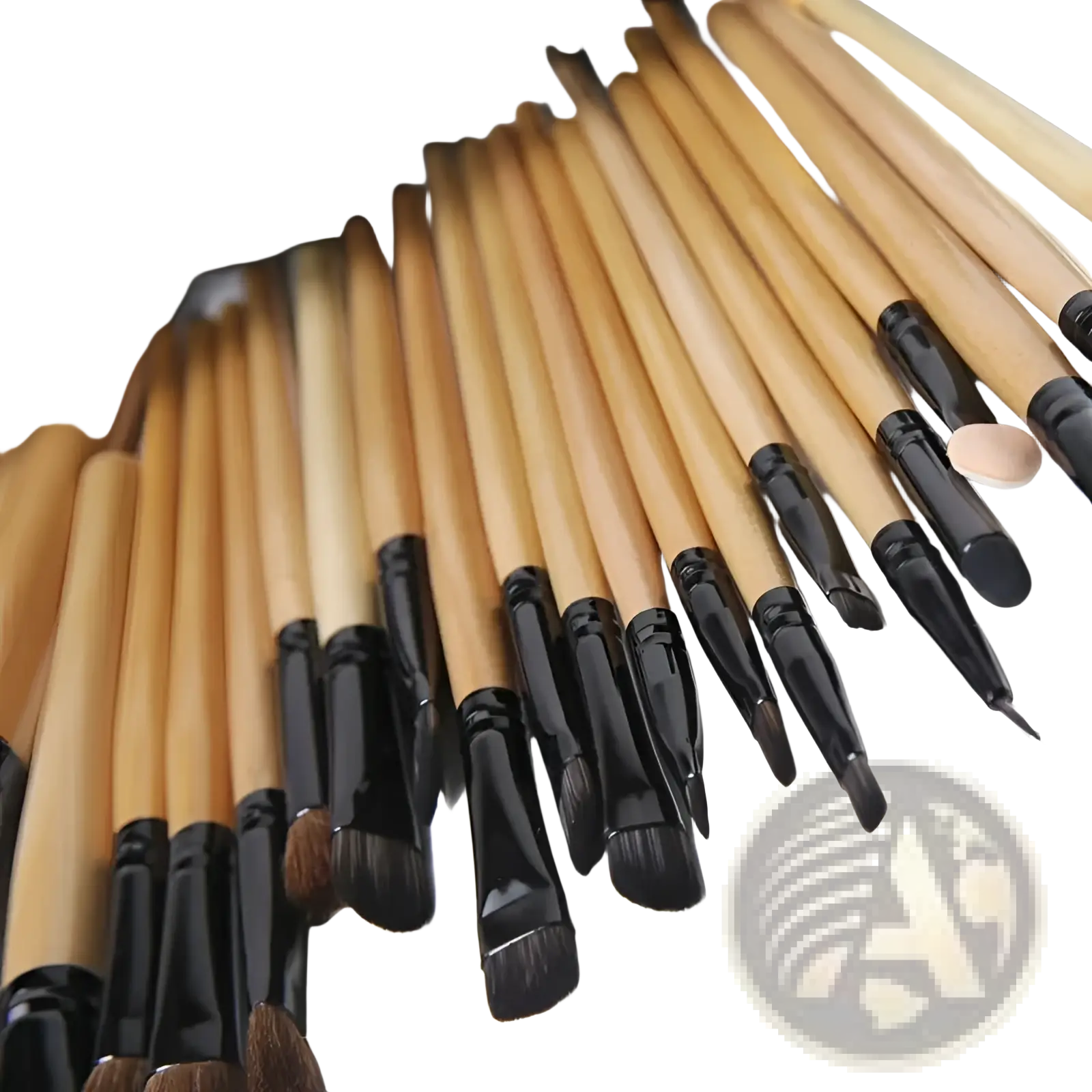 Set of wooden-handled makeup brushes with black ferrules and varied heads from professional 24 piece makeup brush set
