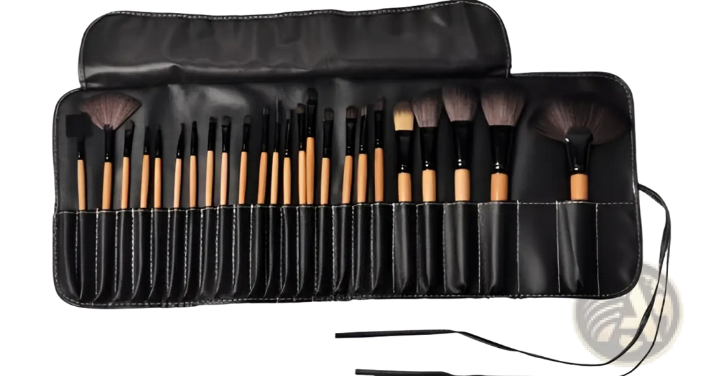 Black leather 24 piece wooden makeup brush set with various bristle types in professional carrying case