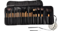 Black leather 24 piece wooden makeup brush set with various bristle types in professional carrying case