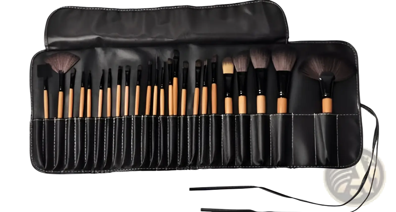 Black leather 24 piece wooden makeup brush set with various bristle types in professional carrying case
