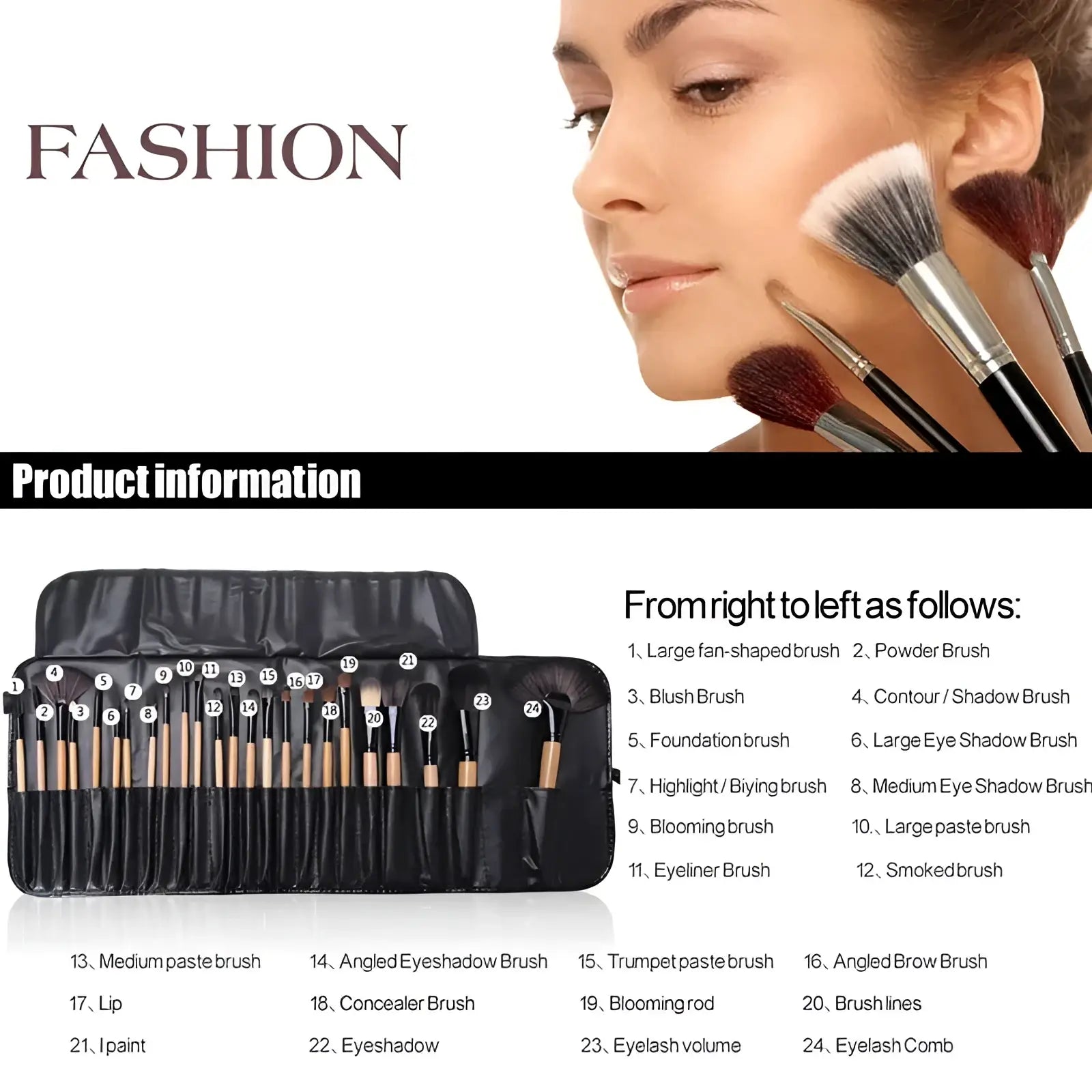 Professional 24 piece wooden makeup brush set featuring black leather case and numbered wooden handle brushes