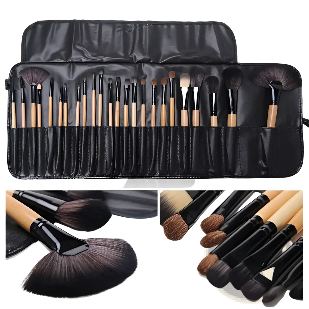 A professional 24 piece wooden makeup brush set with natural wood handles and black ferrules in a black roll up case
