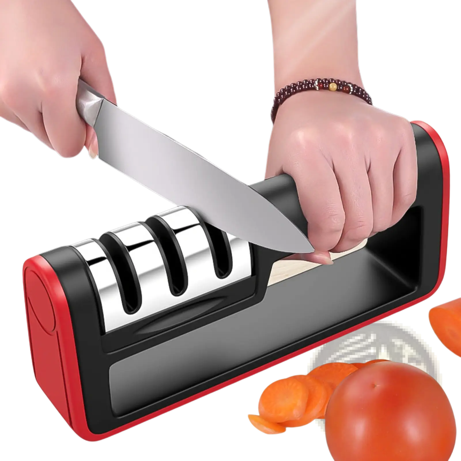 Professional 3 stage diamond knife sharpener tool in red and black with three silver electric sharpening slots